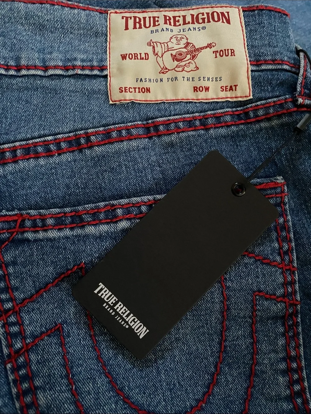 True Religion Relaxed Straight Cotton Stretch Red Stitching Jeans NWT